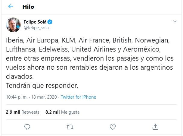 Solá se cruzó en Twitter  con una línea aérea por las fronteras cerradas | Actualidad