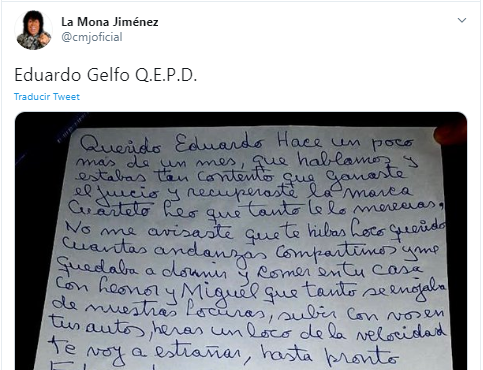 La emotiva carta manuscrita de "La Mona" para despedir a Eduardo Gelfo | Espectáculos