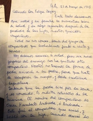 Carta de 1978 revelada ahora: "No tenemos forma de avisarle a su padre para que trate de recuperar el cuerpo" | Actualidad