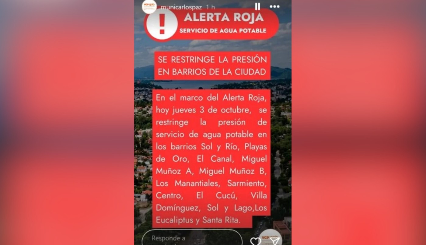 Carlos Paz: comenzó la restricción en la presión del agua | Córdoba