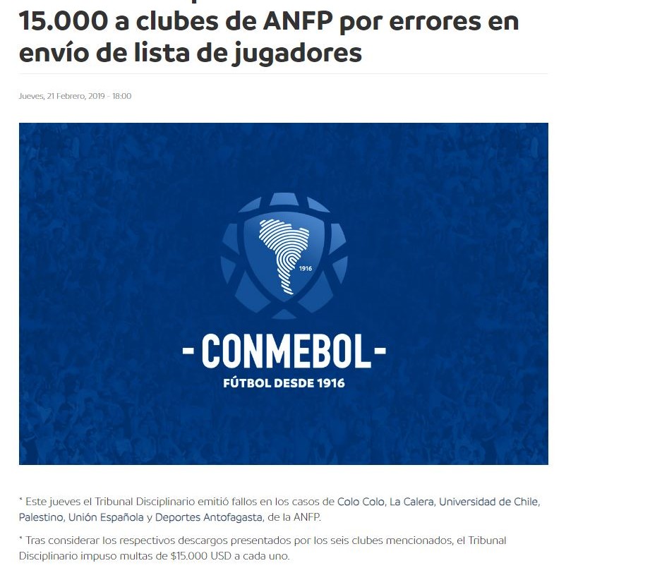 CONMEBOL multó a Palestino con U$S 15.000 | Deportes