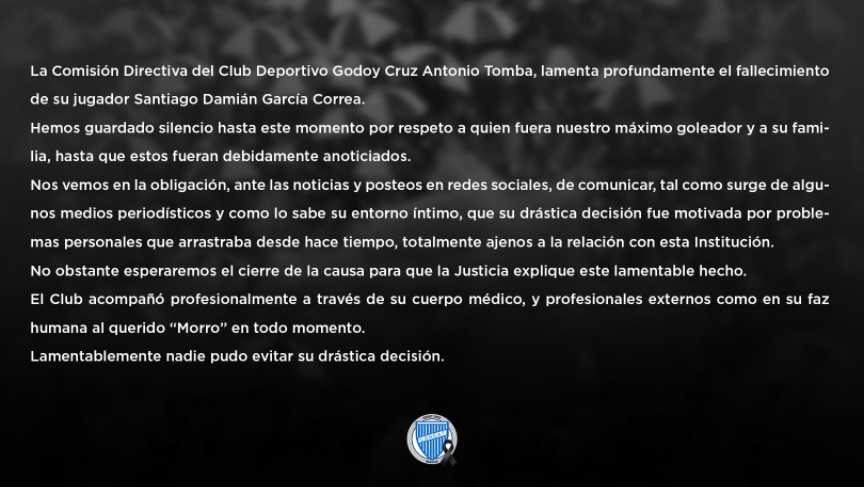 El comunicado de Godoy Cruz en twitter sobre la muerte de Santiago "Morro" García | Deportes