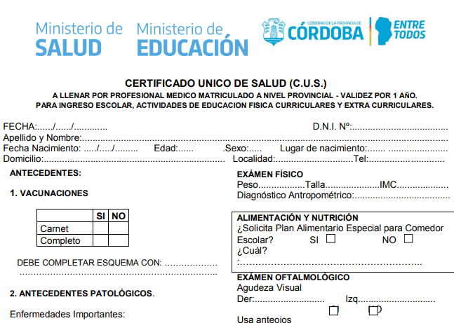 Cronograma de Certificado Único de Salud | Córdoba