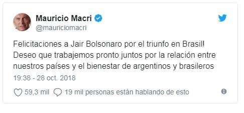 Macri saludó a Bolsonaro y le pidió trabajar juntos