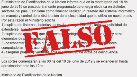 Desmienten mensaje viral que advertía sobre el apagón del domingo