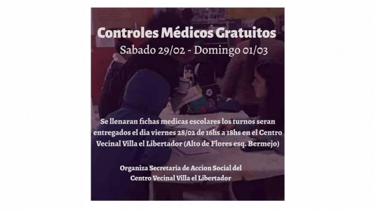 Mañana y el domingo, controles médicos escolares gratis en Villa El Libertador
