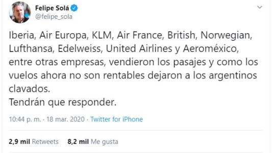 Solá se cruzó en Twitter  con una línea aérea por las fronteras cerradas