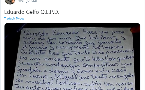 La emotiva carta manuscrita de "La Mona" para despedir a Eduardo Gelfo