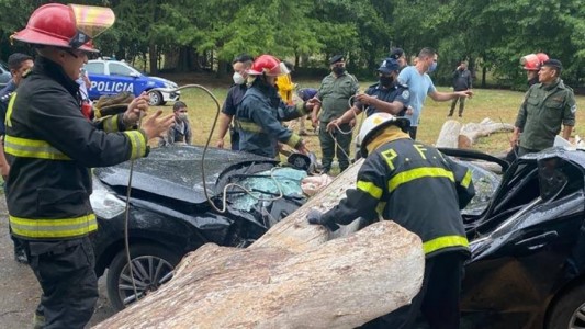 Bomberos de Ezeiza rescataron a una persona de un auto aplastado por un árbol