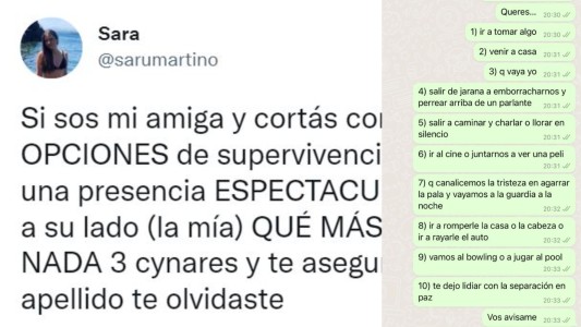 Su amiga cortó con el novio y ella le dio 10 maneras de superarlo: "Te aseguro que por lo menos su apellido te olvidaste"