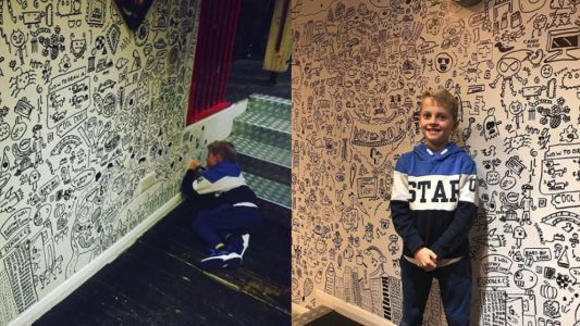 Tiene 9 años, lo castigaban por dibujar en el colegio y lo contrataron para decorar un restaurante