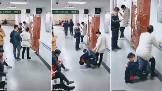 El hombre que se convierte en "silla" para ayudar a su esposa embarazada