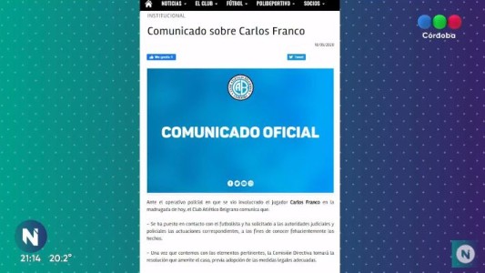 El comunicado de Belgrano tras la detención del arquero suplente Carlos Franco