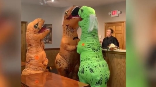 Boda prehistórica: la pareja que se casó disfrazada de dinosaurios