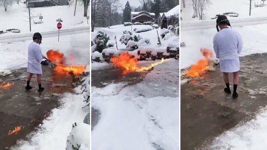 Recurrió al lanzallamas para despejar de nieve la entrada de su casa