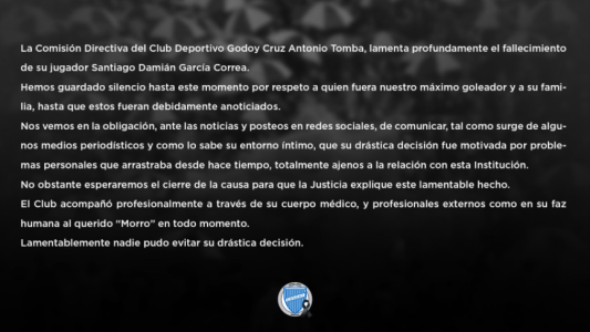 El comunicado de Godoy Cruz en twitter sobre la muerte de Santiago "Morro" García