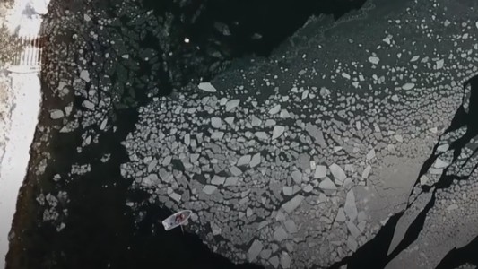 Video: con su bote de remos, alejó el témpano de hielo que amenazaba su casa
