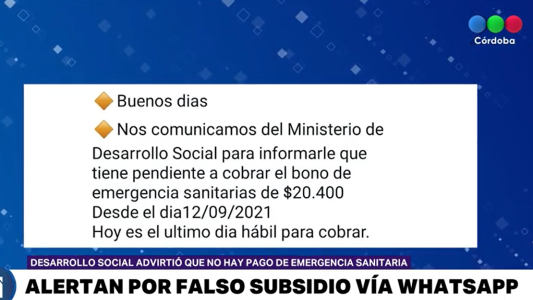 El Ministerio de Desarrollo Social de Córdoba alertó por un mensaje falso que circula por Whatsapp