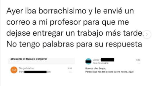 “Mañana me voy a levantar hecho pedazos”: el particular correo de un alumno ebrio a su profesor para que le retrase el plazo de entrega de un trabajo