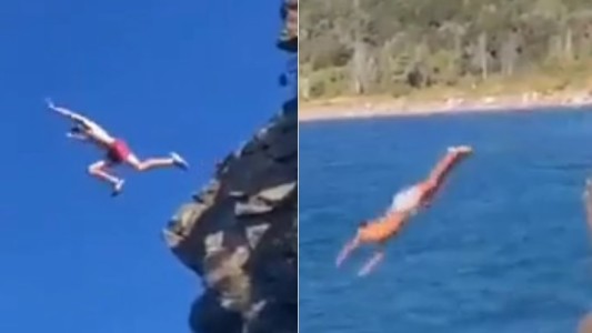 Video: se tiró desde desde un acantilado al lago, cayó en las rocas y tuvieron que rescatarlo