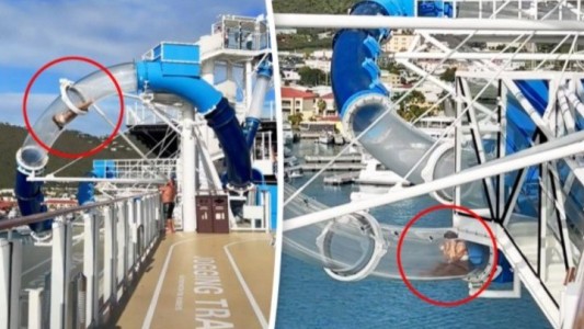 Video: una turista quedó atrapada en un tobogán acuático de un crucero suspendido sobre el mar
