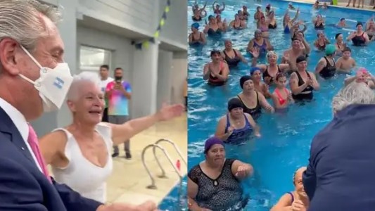 Video: Alberto Fernández sorprendió a los asistentes de una clase de aquagym