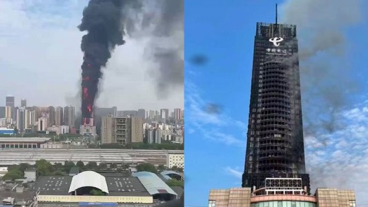 Impresionante incendio en una torre de China Telecom de 200 metros de altura