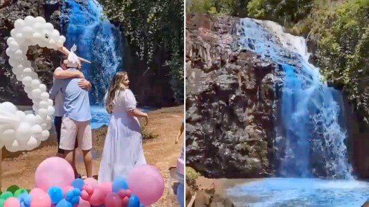 Tiñeron el agua de una cascada para revelar el sexo de su bebé