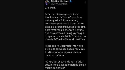 Cristina y un dardo a Milei por Kueider: "¿Tienen miedo que hable?