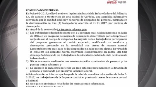 Desde Coca Cola justificaron los despidos por bajo desempeño laboral